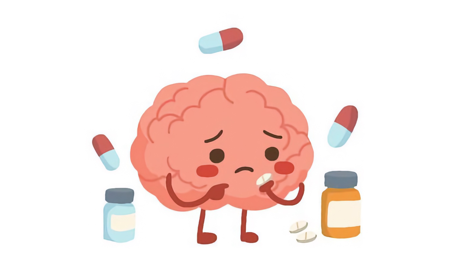 Cartoon depiction of a human brain holding a pill looking sad
