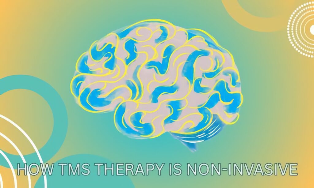 Colorful graphic depicting a watercolor illustration of a human brain with gradient yellow-blue background